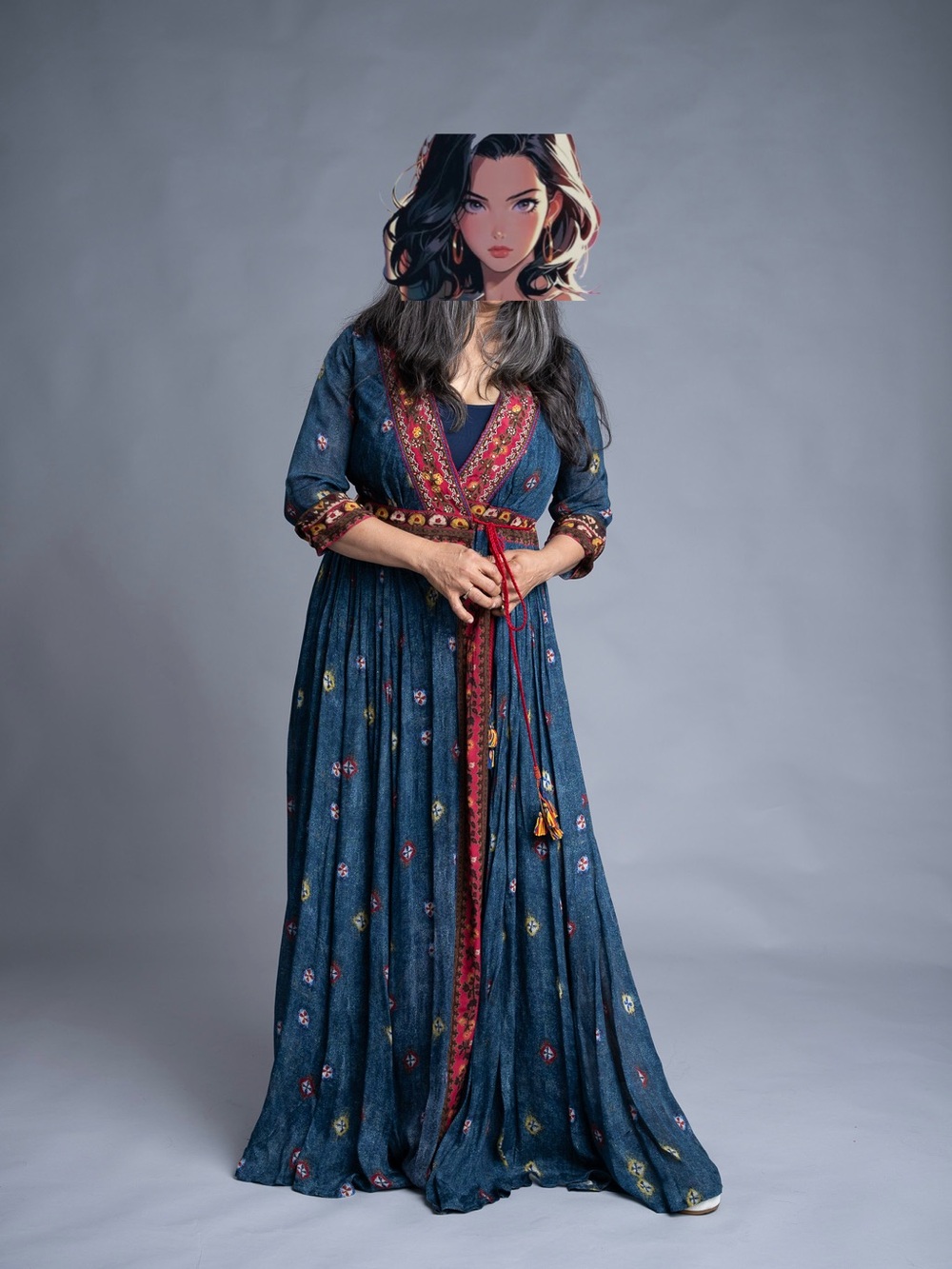 Ritu Kumar Gorgeous Navy Maxi Dress with Pink and Gold Embroidered Trim